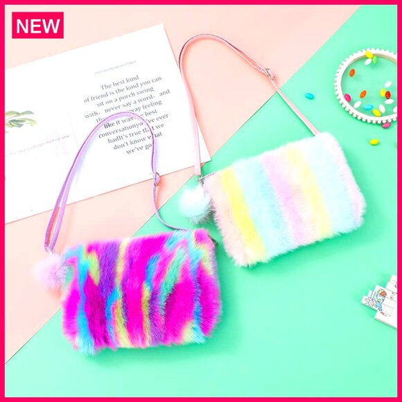 Fluffy Faux Fur Crossbody Bag Adjustable Strap Kids Women Purse - Picture 5 of 8